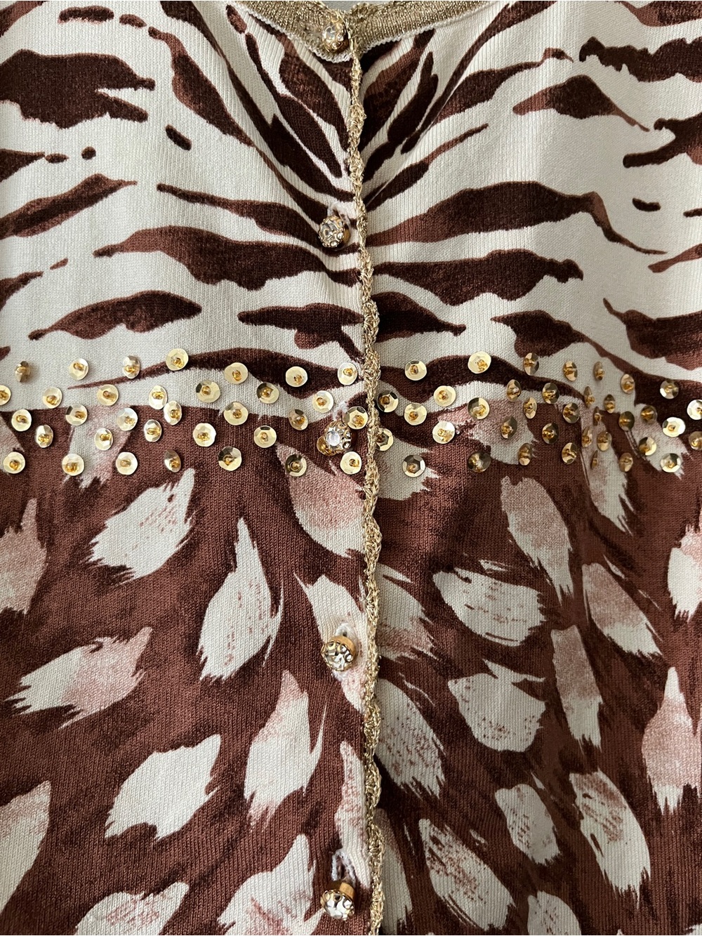VTG Charlotte Tarantola Silk-Blend Embellished Mixed Animal Print Cardigan Top - Picture 3 of 6